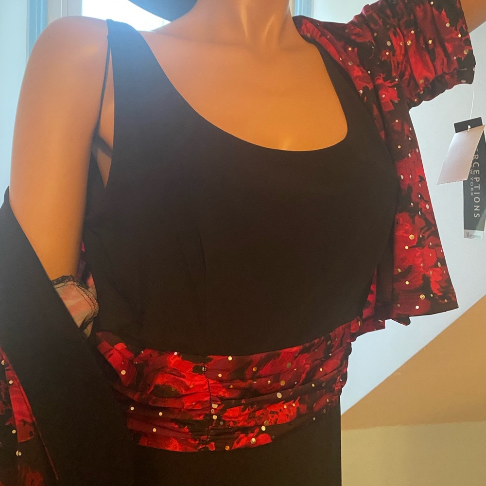 ELEGANT EVENING DRESS 2 PC RED, BLACK RHINESTONE STUDDED by PERCETIONS NWT M